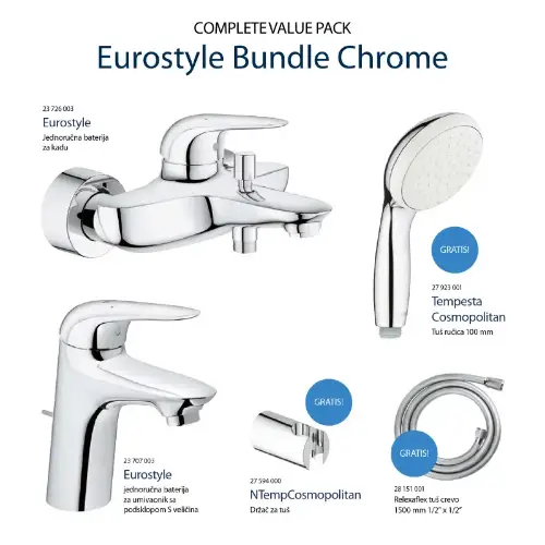 Picture of Tuš set sa baterijom za kadu, lavabo i GRATIS tuš ručicom, držačem i tuš crevom EUROSTYLE BUNDLE HROM